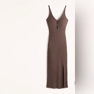 Brown Ribbed Keyhole Midi Dress